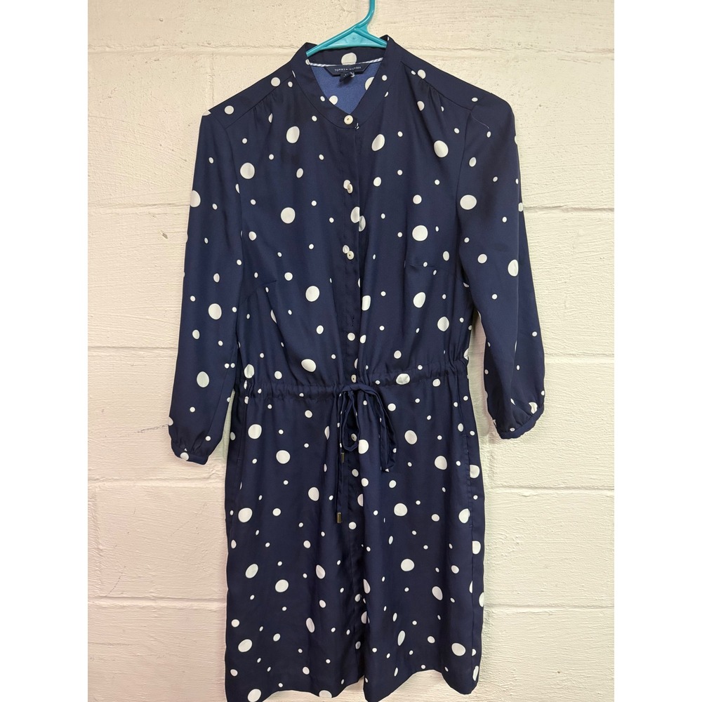 Tommy Hilfiger Navy Polka Dot Shirt Dress Long Sleeve cottagecore classic Size S